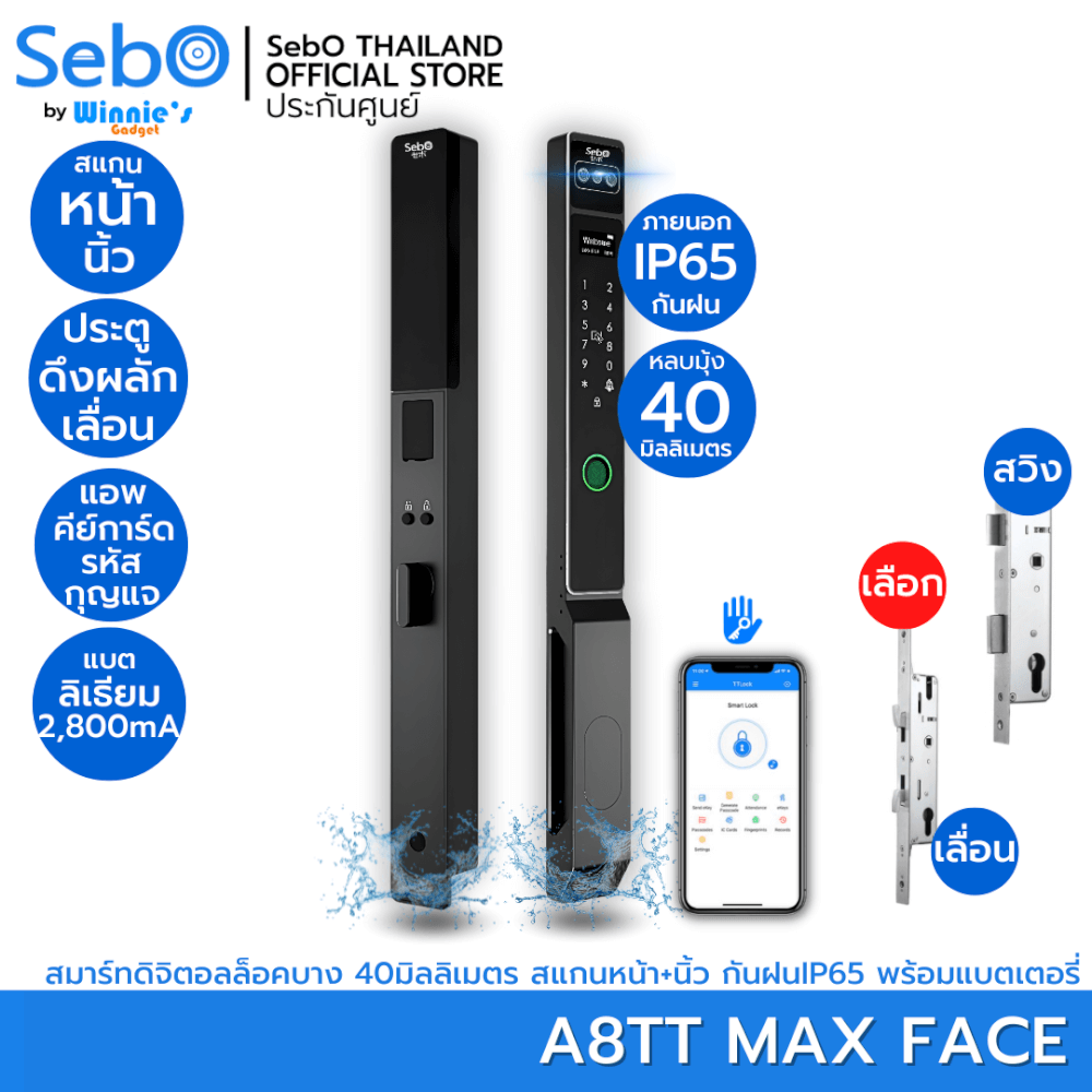 กลอนประตูดิจิตอลดอล็อค SEBO JIDOOR A8TT MAXFACE สำหรับประตูมีมุ้งลวด